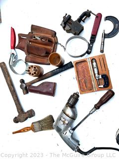 Group of Tools including Leather Tool Belt, Vise, Ball Peen Hammers, 3/8" Electric Drill and Boxed Calipers