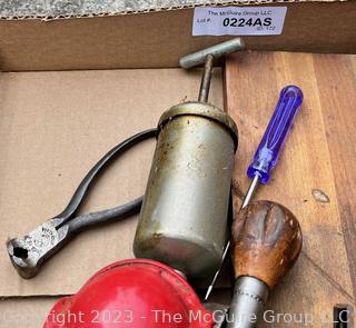 Group of Tools including Mitre Saw and Box, Trailer Ball and Hitch