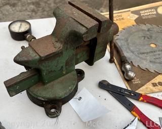 Group of Tools including Tap and Die Set, Galvanized Funnel, Bench Vise, NIB Circular Saw Blade, Knife with Leather Sheath and Keyhole Saw