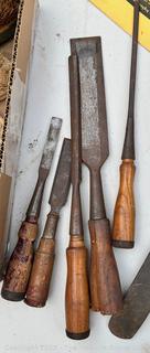 Group of Tools including Wood Chisels, Brushes, Eye Bolts, Truck Hitch and NIB Feeler Stock