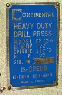 Continental Heavy Duty Drill Press Model DP-13-5. Includes accessories shown. Table Top