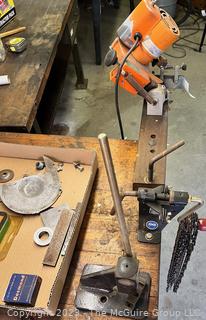 Commercial Chain Saw Sharpening Tools including Silvey Precision Chain Grinder made by Fasco Industries, Many Chains, New Grinder Wheels and Other Supplies