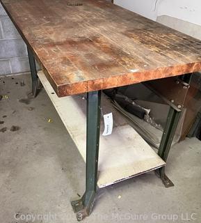 Metal Frame Work Table with Lower Shelf and Wooden Top. Measures 62W x 32D x 33"T