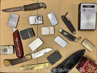 Knives, Pocket Knives, and Zippo Lighters and Wood Crate