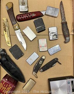 Knives, Pocket Knives, and Zippo Lighters and Wood Crate