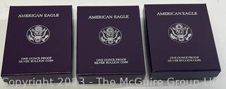 1986, 1988, 1990 United States Mint American Eagle One Ounce Proof Silver Bullion Coins (x3)