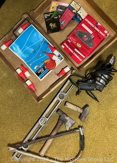 Grouping of Tools including Heavy Duty Corded Drill, Limb Saw, Boaters Key Floats, Hatchet and 36" Level