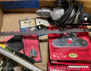 Grouping of Tools including Heavy Duty Corded Drill, Limb Saw, Boaters Key Floats, Hatchet and 36" Level