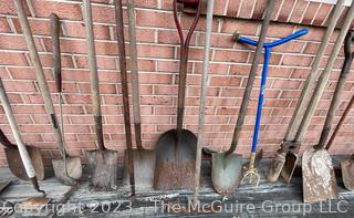 Large Grouping of Lawn and Garden Tools including Post Hole Digger, Hoes, Rakes, Shovels, Etc. 