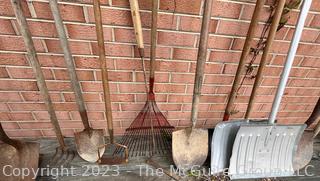 Large Grouping of Lawn and Garden Tools including Post Hole Digger, Hoes, Rakes, Shovels, Etc. 