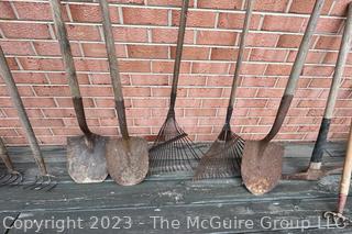 Large Grouping of Lawn and Garden Tools including Post Hole Digger, Hoes, Rakes, Shovels, Etc. 