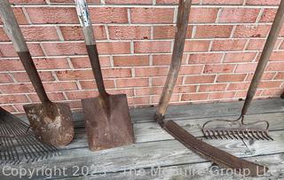 Large Grouping of Lawn and Garden Tools including Post Hole Digger, Hoes, Rakes, Shovels, Etc. 