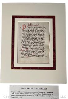 Framed and Matted Under Glass Legal Writing England C 1510 