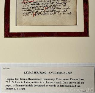 Framed and Matted Under Glass Legal Writing England C 1510 