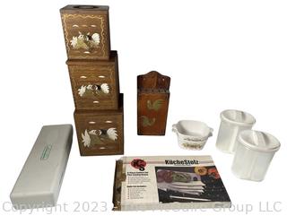 Group of Kitchen Ware Including Corning Ware Spice of Life Casseroles and Wood Pecker Wood Ware Canisters