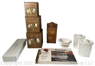 Group of Kitchen Ware Including Corning Ware Spice of Life Casseroles and Wood Pecker Wood Ware Canisters