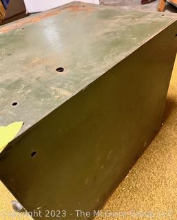 Green Industrial Metal 3 Drawer Cabinet.  One handle broken. 15 x 20 x 17.5"