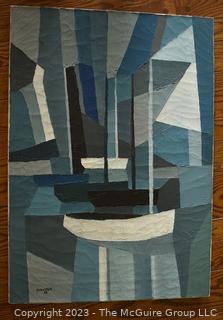 Mid Century Stretcher Framed Oil on Canvas Abstract in Blues Signed by French Artist Chalumeau, 1968.  25" x 36"