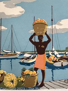 Unframed Original Silkscreen Serigraph By F.L. Saguild, Caribbean Dock Scene Circa 1950.  18" x 22".