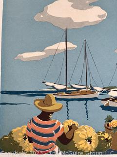 Unframed Original Silkscreen Serigraph By F.L. Saguild, Caribbean Dock Scene Circa 1950.  18" x 22".