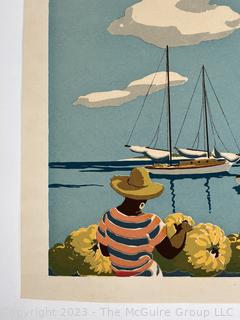 Unframed Original Silkscreen Serigraph By F.L. Saguild, Caribbean Dock Scene Circa 1950.  18" x 22".