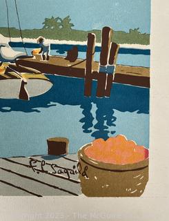 Unframed Original Silkscreen Serigraph By F.L. Saguild, Caribbean Dock Scene Circa 1950.  18" x 22".