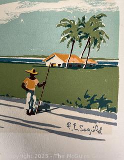 Unframed Original Silkscreen Serigraph By F.L. Saguild, Caribbean Scene Circa 1950.  18" x 23".