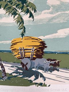 Unframed Original Silkscreen Serigraph By F.L. Saguild, Caribbean Scene Circa 1950.  18" x 23".