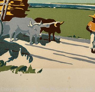 Unframed Original Silkscreen Serigraph By F.L. Saguild, Caribbean Scene Circa 1950.  18" x 23".