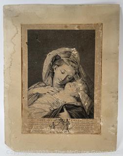 Unframed 1767 Copper Engraving of Lady With Child by Francesco Bartolozzi (1727-1815). Ephemera 9" x 12"