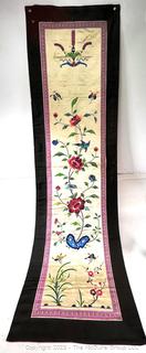 Chinese Silk Hand Embroidered Floral Runner on White Ground.  32" x 17"