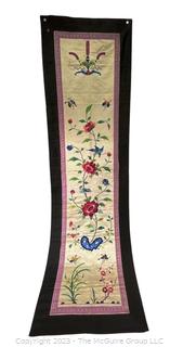 Chinese Silk Hand Embroidered Floral Runner on White Ground.  32" x 17"