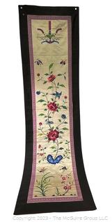 Chinese Silk Hand Embroidered Floral Runner on White Ground.  32" x 17"