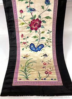 Chinese Silk Hand Embroidered Floral Runner on White Ground.  32" x 17"