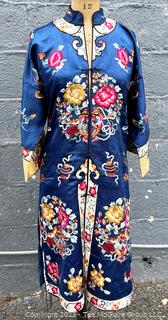 Antique Chinese Hand Embroidered Silk Blue Robe with Floral Medallion.  