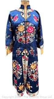 Antique Chinese Hand Embroidered Silk Blue Robe with Floral Medallion.  