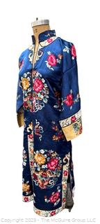 Antique Chinese Hand Embroidered Silk Blue Robe with Floral Medallion.  