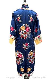 Antique Chinese Hand Embroidered Silk Blue Robe with Floral Medallion.  