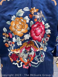 Antique Chinese Hand Embroidered Silk Blue Robe with Floral Medallion.  