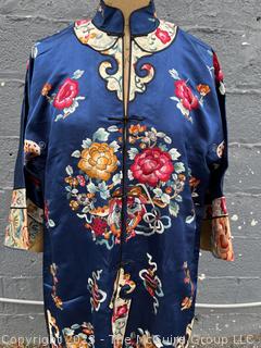 Antique Chinese Hand Embroidered Silk Blue Robe with Floral Medallion.  