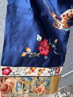 Antique Chinese Hand Embroidered Silk Blue Robe with Floral Medallion.  