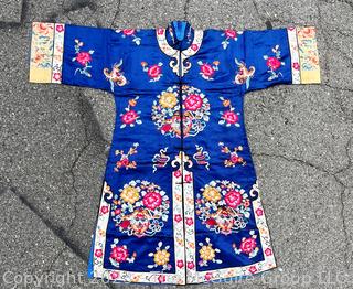 Antique Chinese Hand Embroidered Silk Blue Robe with Floral Medallion.  