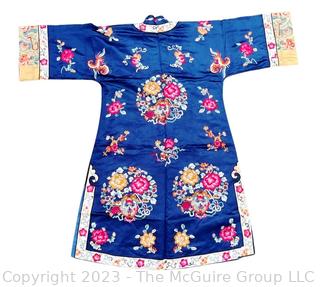 Antique Chinese Hand Embroidered Silk Blue Robe with Floral Medallion.  