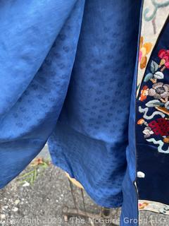 Antique Chinese Hand Embroidered Silk Blue Robe with Floral Medallion.  