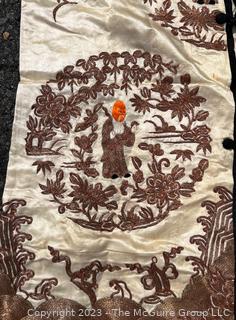 Antique Chinese Hand Embroidered Robe in Oyster Silk with Metallic Thread.  Some discoloration. 