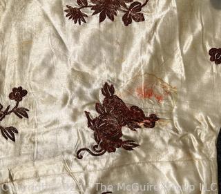 Antique Chinese Hand Embroidered Robe in Oyster Silk with Metallic Thread.  Some discoloration. 