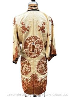 Antique Chinese Hand Embroidered Robe in Oyster Silk with Metallic Thread.  Some discoloration. 