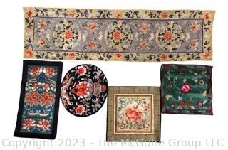 Five (5) Antique Chinese Silk Embroidered Panels and Table Runner. 