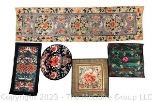 Five (5) Antique Chinese Silk Embroidered Panels and Table Runner. 