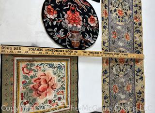 Five (5) Antique Chinese Silk Embroidered Panels and Table Runner. 